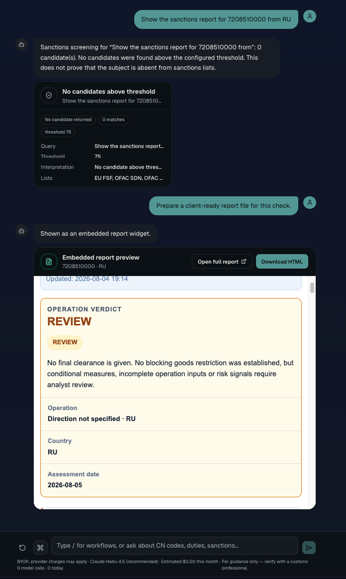 AI-assisted sanctions screening chat